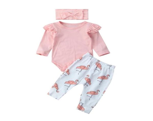 

newborn infant clothing autumn baby girl clothes set pink ruffle long sleeve cartoon flamingo pants headband outfits lj2012236236937, White