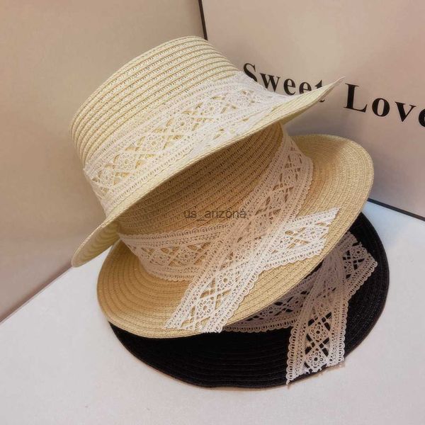 

summer women british style vintage jazz panama flat fedora straw hat wide brin lace silk ribbon anti uv sun straw hat l230620, Blue;gray
