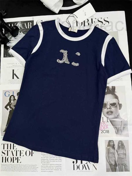 

women's t-shirt designer summer new arc de triomphe letter bead decoration contrast color temperament versatile round neck short sleeve, White