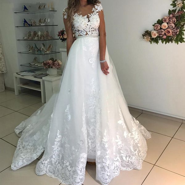 

crystal sash straps lace wedding dress for black women capped sleeves a line bridal wedding gown see through dress for bride, White