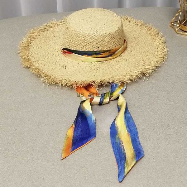 

new wide brim straw hat for women long ribbon ladies beach hats fashion dress up summer sun visor caps l230620, Blue;gray