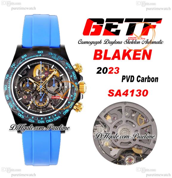 

getf blaken sa4130 automatic chronograph skeleton mens watch pvd gold ceramic bezel 904l steel blue rubber super edition reloj hombre montre, Slivery;brown