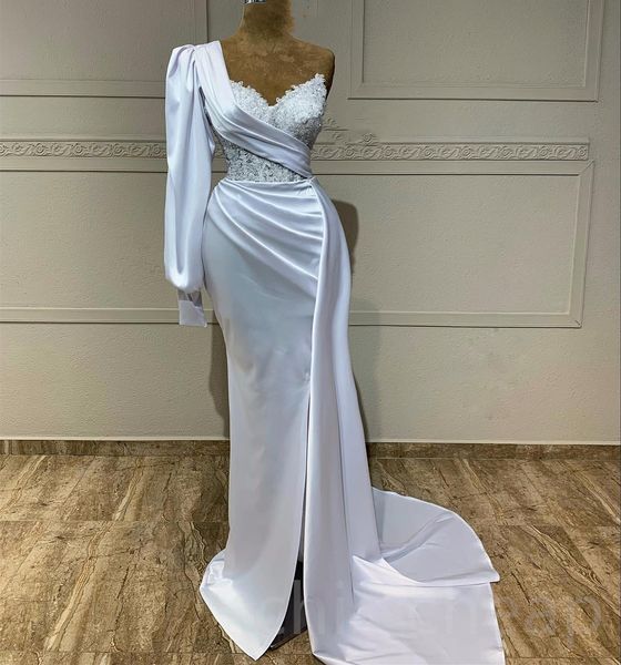 

2023 arabic aso ebi white mermaid wedding dress lace beaded one shoulder bridal gowns dresses zj2015