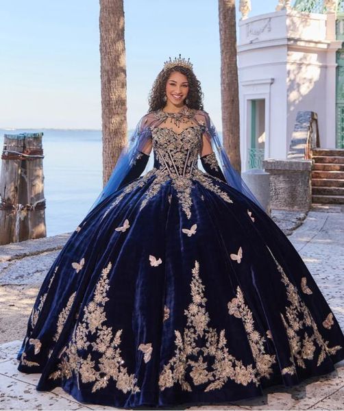

navy blue velvet princess quinceanera dresses with cape gillter applique lace-up corset vestidos de 15 quinceaneras rojos, Blue;red