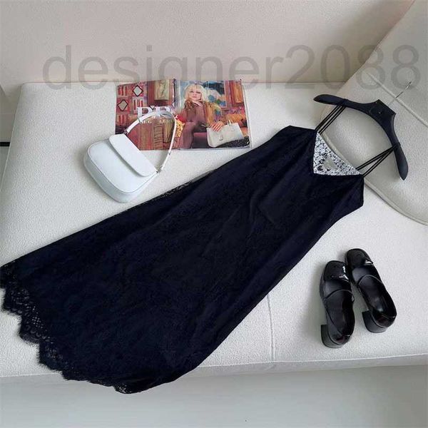 

basic & casual dresses designer summer new chest triangle decoration contrast panel lace strap dress for women 5zq1, Black;gray