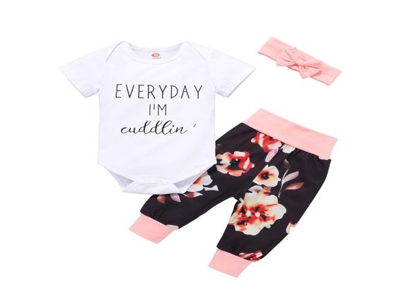 

kids girls letter outfits short sleeve rompers floral printed pants splice elastic trouser headband infant toddler leisure outfits2089339, White
