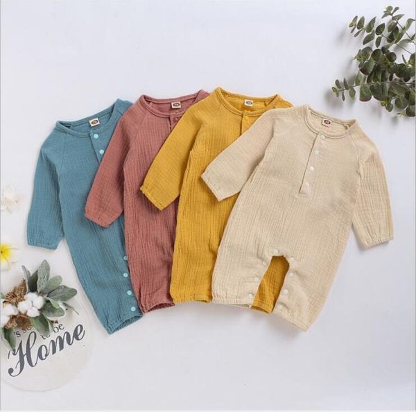 

baby rompers boys girls cotton linen jumpsuits kids solid long sleeve onesies infant casual button bodysuit climbing suit sleepwea5851736, Blue
