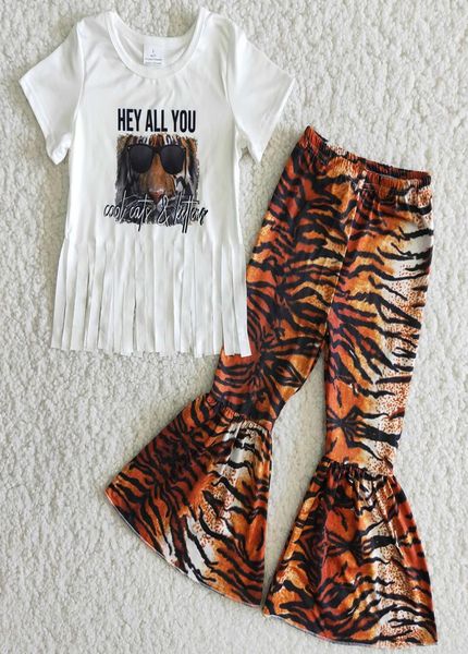 

2021 fashion whole toddler baby girls designer clothes boutique bell bottom pants outfits tiger print tassel decoration girls 5684770, White