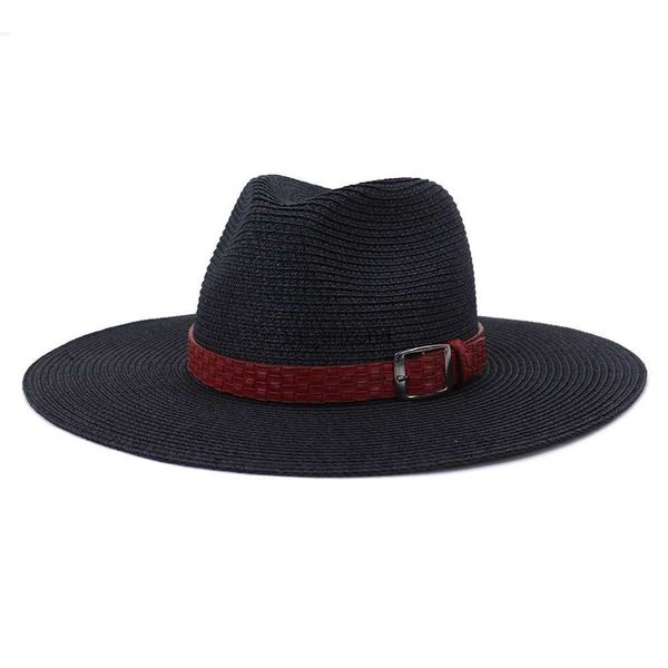 

lager brim summer outdoor sunahde soild color straw hat with red belt women and menbritish jazz style caps casual fedora hats l230620, Blue;gray