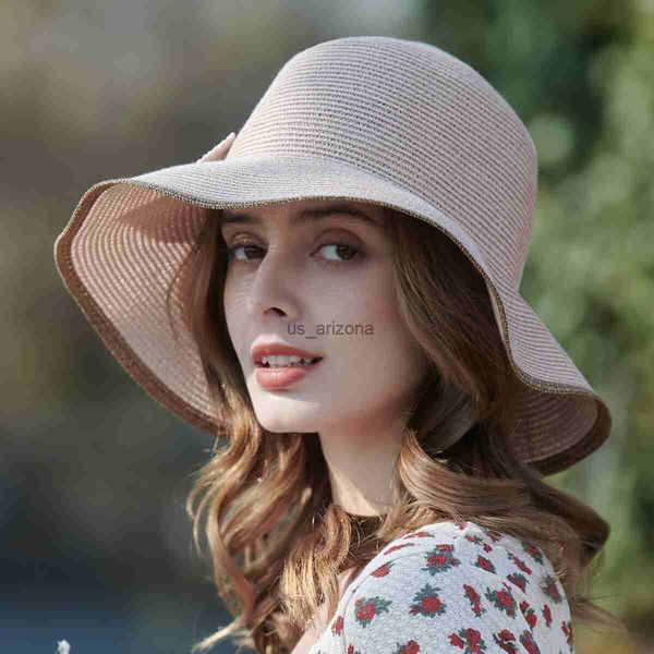 

xthree summer hat women raffia natural straw hat pink ladies fedora vintage floppy wide brim sun hat for girl beach hat l230620, Blue;gray