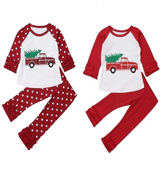 

kids christmas clothing set lace long sleeves dot car cartoon printed ot flare pants suit outfits xmas clothes girl tshirt g2405575, White