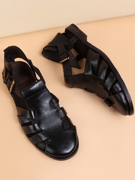 

summer men cowhide genuine leather sandals vintage cross straps glaidator shoes close toe bucle strap beach sandals, Black