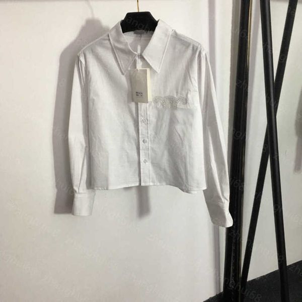 

23ss high neck blouse women shirt womens designer clothing chest big logo embroidered cotton long sleeve shirt women clothes a1, White