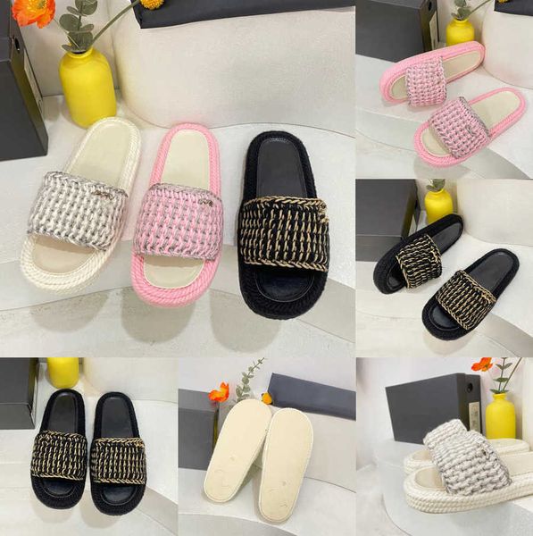 

women's slippers designer flat sandals chain hemp rope hand-woven simple and exquisite platform flip-flops fisherman shoes retro beach, Black