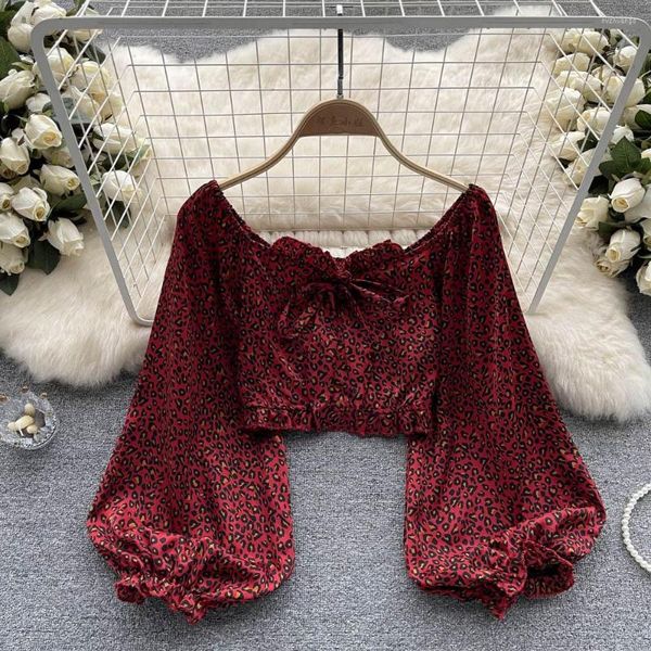 

women's blouses european and american design sense niche vintage floral one neck short section exposed umbilical high waist lantern sle, White