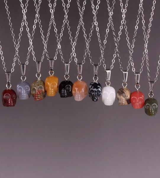 

10pcs different colors skull gemstone pendant necklace love wish healing quazt stone pendant halloween skull necklace women jewelr2701773, Silver