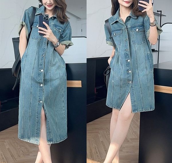 

basic & casual dresses | 2023 new summer casual age reduced retro denim dress | straight short sleeve shirt dress | flora print | blue (s, Black;gray