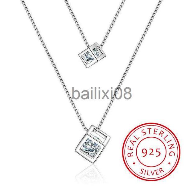 

pendant necklaces 925 sterling silver square cube zirconia choker statement neckle for women double layer pendants neckles s-n209 j230620