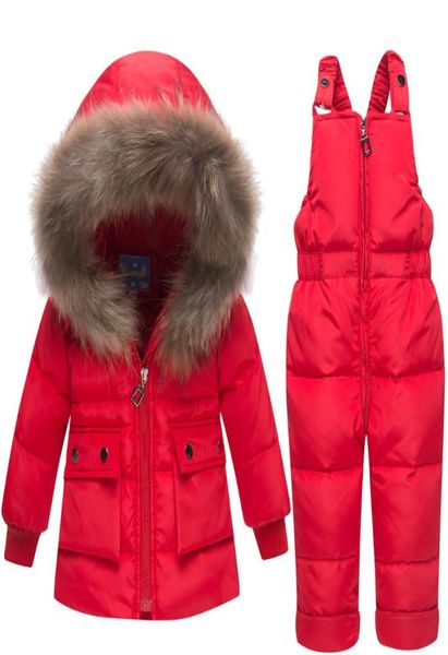 

kids baby coat girl boy 2 to 4y fur hooded coat ski snow suit jacket bib pants overall winter down clothes sets6188138, Blue;gray