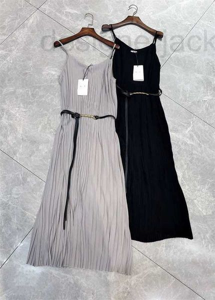 

basic & casual dresses designer summer new high end elegant comfortable temperament slim fit belt 100 pleated hanging strap dress for women, Black;gray