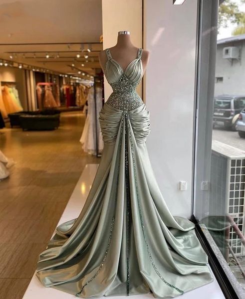 

elegant sage satin long evening dresses 2023 beaded african formal mermaid prom gowns mothe prom party gowns, Black