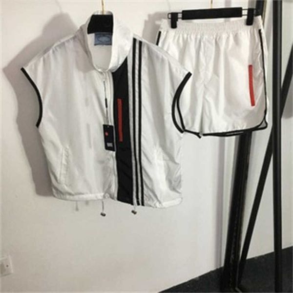 

summer leisure womens two piece pants red letters tape standing collar sleeveless vest zipper pocket jacket elastic waist casual shorts desi, White