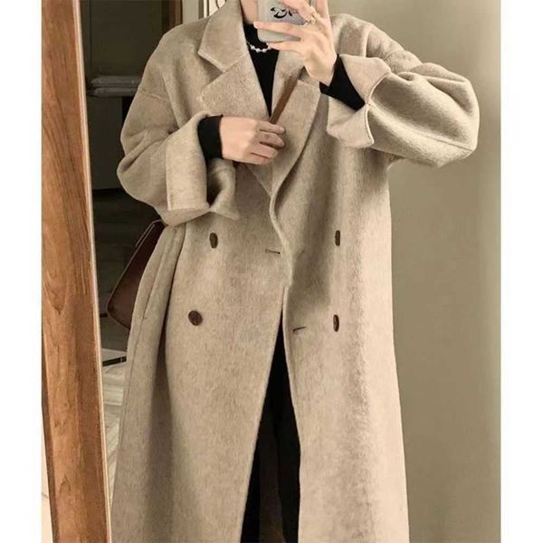 

style female student korean niche thickened casual medium length woolen coat, large windbreaker leather jackets biker jacket women, Black