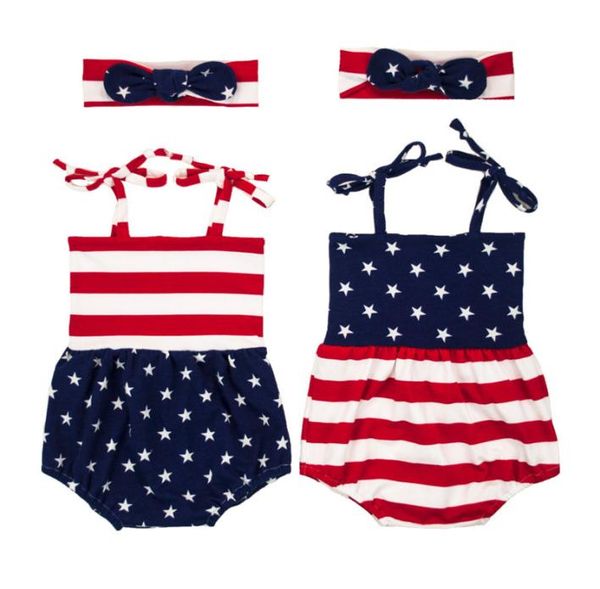 

newborn baby girl romper headband set summer sleeveless united states flag infant baby clothes toddler jumpsuit kids clothing outf5932530, White