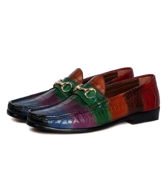 

fish scale pattern multicolor leather oxfords men big size shoes metal button slip on breathable comfort loafers dress wedding, Black