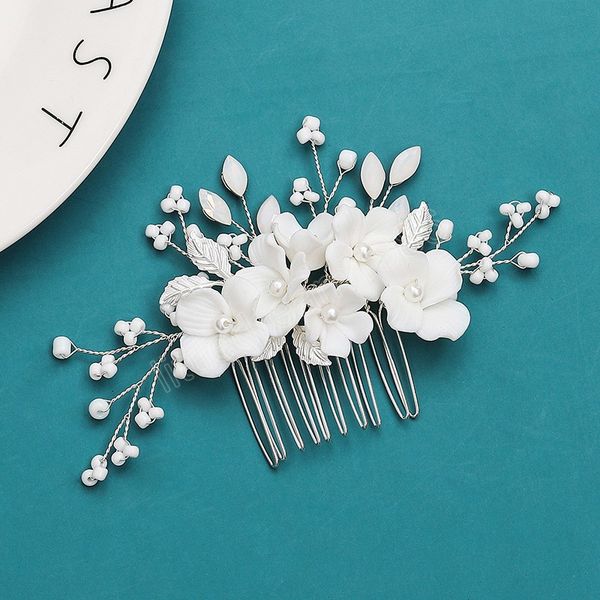 

ceramic flower hair combs white color wedding pure hair clips floral pearls crystal barrettes hair accessories for women, Slivery;golden