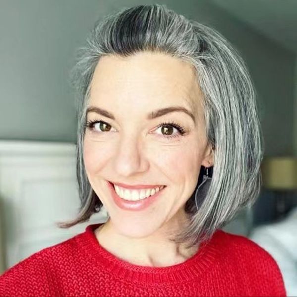 

glueless wig grey human hair, salt and pepper more gray fashion none lace bob wig begineeer lady wig, Black;brown