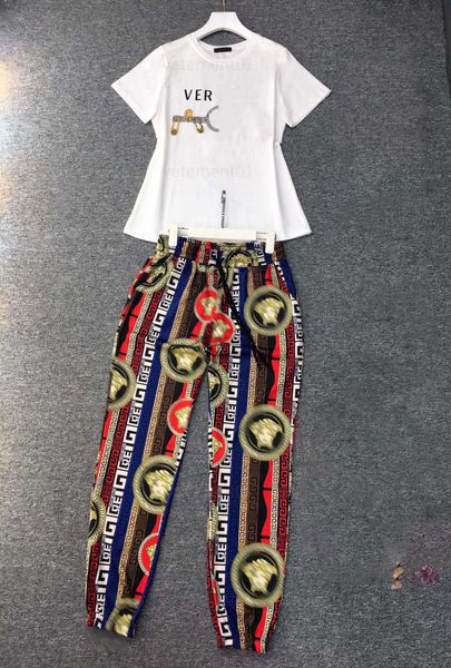 

tracksuits designers two piece set womens fashion casual round neck t shirt classic pattern print drawstring elastic waist casual pants desi, White
