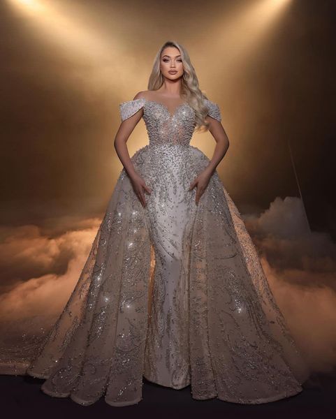 

stylish mermaid wedding dresses sleeveless v neck off shoulder beaded sequins appliques plus size detachable train bridal gowns plus size ve, White