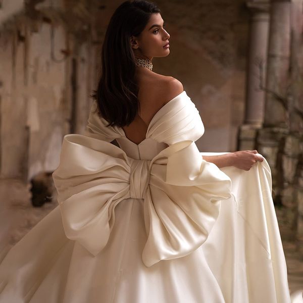 

elegant wedding dress 2 in 1 bow sleeveless bride gown 2023 off the shoulder satin a-line court train princess women vestidos de noiva, White