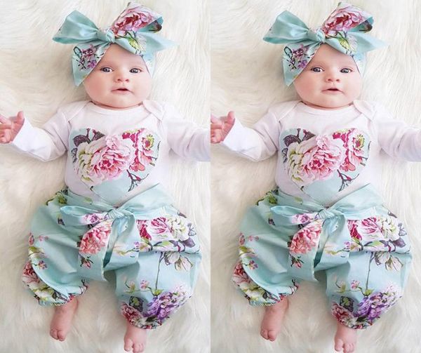 

baby newborn toddler long sleeve flower clothing set baby romper pantsheadband 3pc girls outfits clothes2985101, White