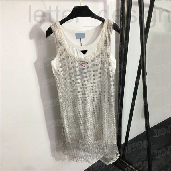 

plus size dresses designer shiny rhinestone dress mesh lace sling skirts for women sleeveless hollow vest 2pcs set dkmz, Black