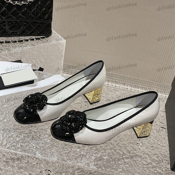 

designer womens dress shoes mid heels leather camellia hardware metal buckle flats ballet shoes dress shoes street walking shoes high heels, Black