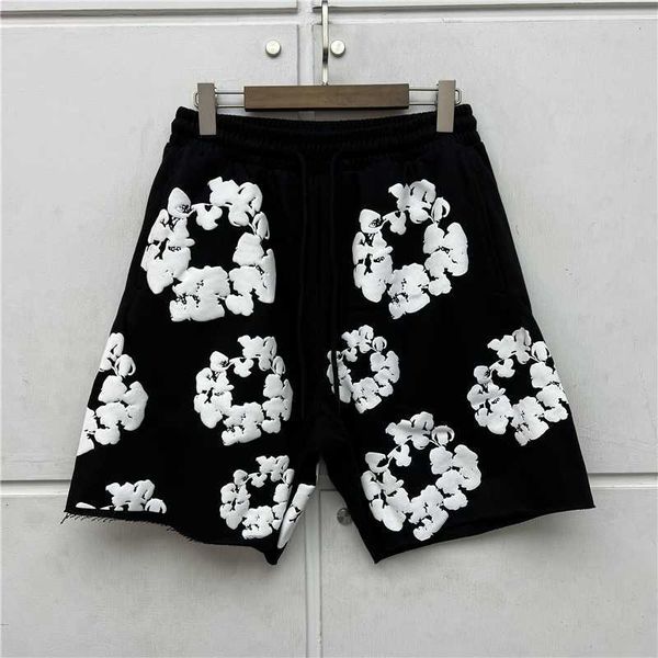 

jeans black gray puff print shorts men women drawstring breeches, Blue