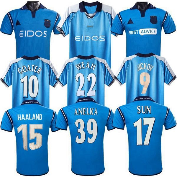 

retro mans cities soccer jerseys 1999 2001 2002 2003 haaland anelka foe weah dickov vintage goater manchester shirts classic kit, Black;yellow