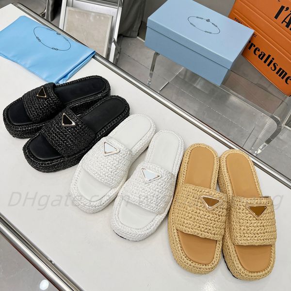 

designer slides slippers triangle buckle raffia straw fashion women thick bottom sandals flat mules slides pool ladies platform square toe f, Black