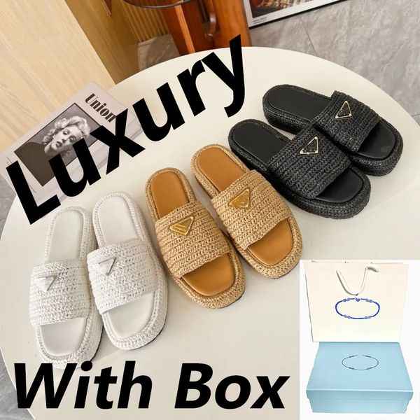 

2023 designer slippers triangle buckle straw women thick bottom sandals slip on mules oran sandal slides lady platform square toe flip flops, Black