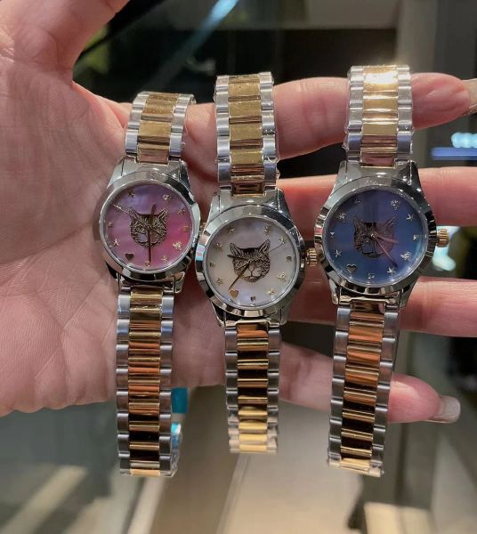 

famous brand women men couple quartz watch timeless interlocking g mother pearl shell dial pattern cat clock stainless steel star heart bee, Slivery;brown