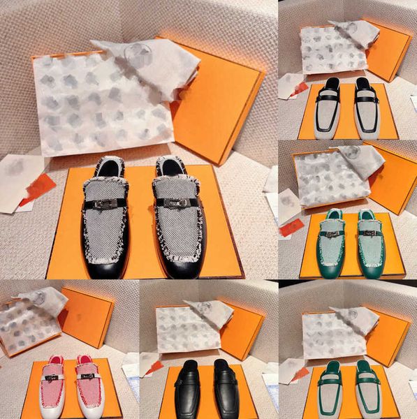 

2023 designer princetown slippers sandals calfskin genuine leather oz mules women groupie loafers kelly lock buckle comfortable casual shoe, Black