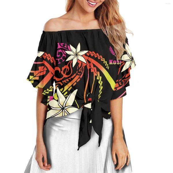

women's t shirts elegant flare sleeve stylish soft vintage blouses polynesia hawaii sales plumeria print ethnic style off shoulder wome, White