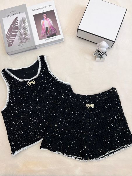 

luxury design two piece women summer sequin casual tracksuit knit sleeveless o-neck and bow shorts suit woman set outfits, White