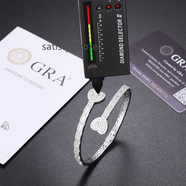 

luxury fine silver 925 heart baguette emerald cut moissanite cuff bracelet bangle for women hip hop jewelry pass diamond tester