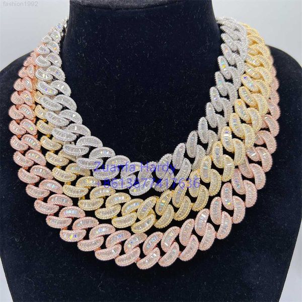 

custom jewelry real gold plated 20mm lab diamond vvs baguette diamond lock iced men's fashion moissanite cuban link chain, Silver
