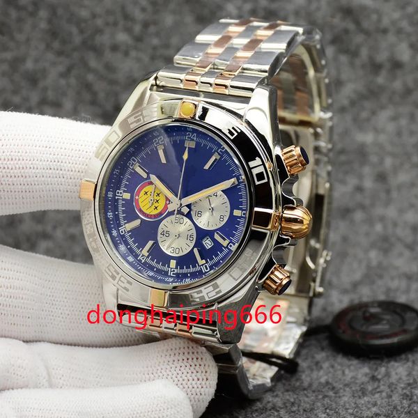 

chronomat patrouille air watch quality navitimer chronograph quartz two tone blue dial 50th anniversary men watch steel strap mens wristwatc, Slivery;brown
