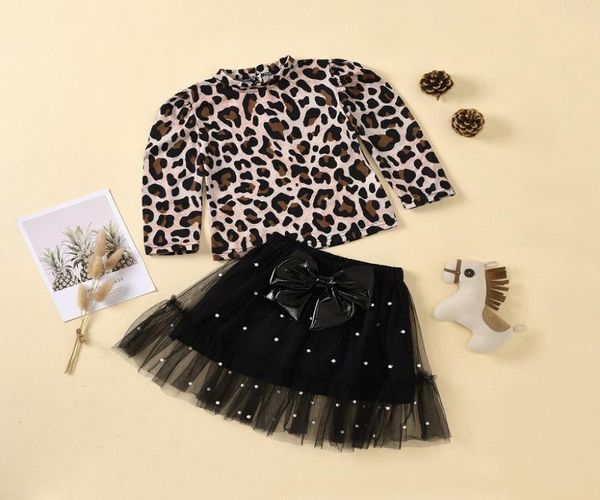 

autumn kids clothing sets children leopard printed long sleeve bowknot pearl lace mesh short skirt 2pcssets girl suit m28679744281, White