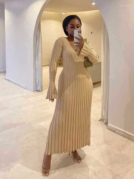 

casual v-neck women knitted long dress autumn elegant ribbed long sleeve bodycon dress ladies fashion streetwear dresses, Black;gray
